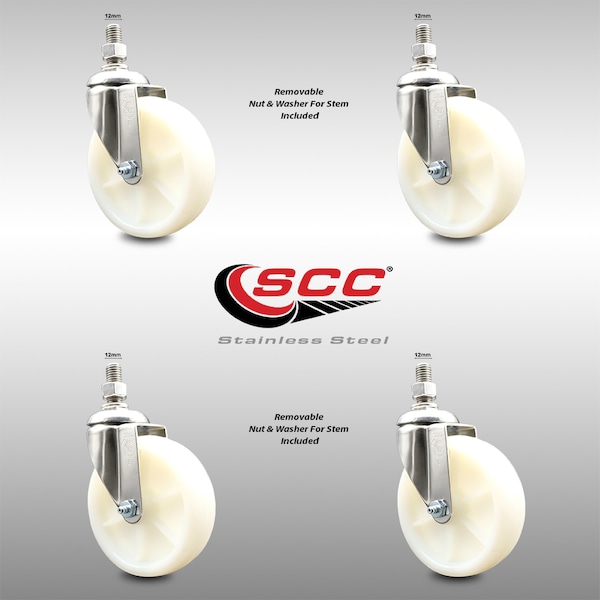 5 Inch 316SS Nylon Wheel Swivel 12mm Threaded Stem Caster Set